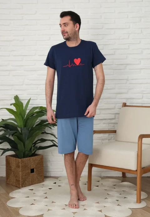 Pijama familie-bărbați, bumbac, mânecă scurtă și pantaloni 3/4 , culoare bleumarin, imprimeu puls — imagine 2
