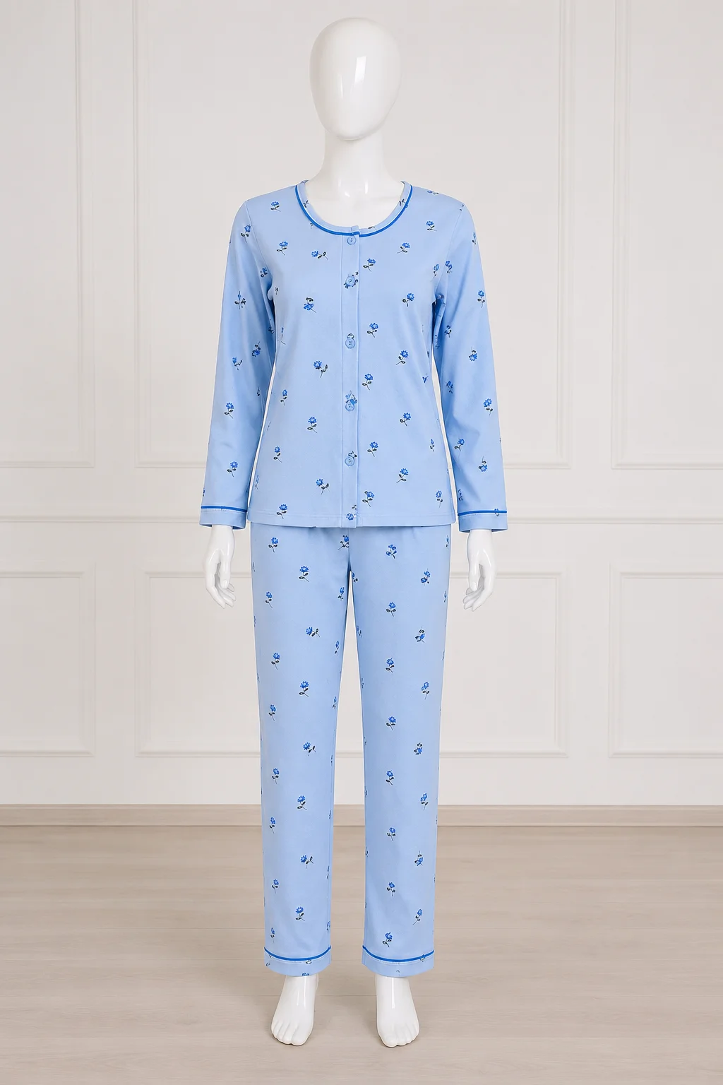 Pijama dama blue, 100% bumbac, bluza si pantaloni lungi — imagine 1