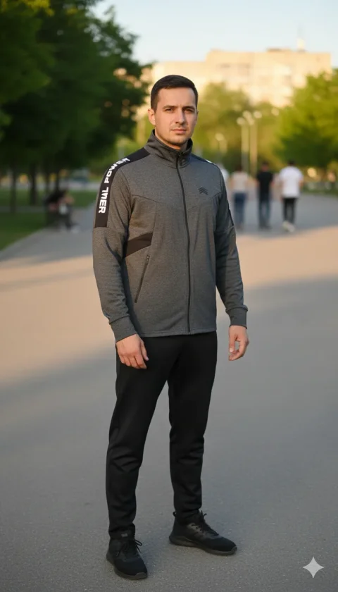 Bluză de trening bărbați Vienetta gri inchis cu fermoar, buzunare laterale și imprimeu „Full Power”