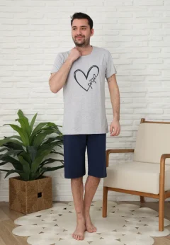 Pijama familie-bărbați, bumbac, mânecă scurtă și pantaloni 3/4 , culoare gri, imprimeu inima