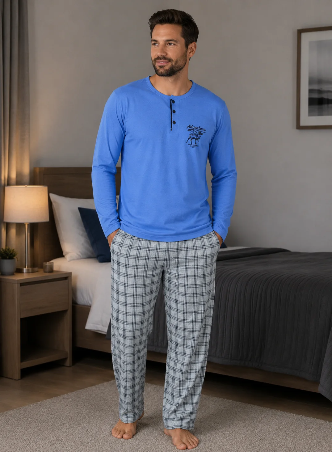 Pijama pentru bărbați, mânecă lungă și pantaloni lungi, blue