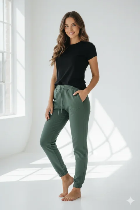 Pantaloni de trening damă verzi cu șiret și imprimeu "Angel"