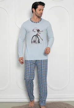 Pijama Bărbat , Mâneci Lungi și Pantaloni Lungi Asortați, Imprimeu Bicicletă, Albastru