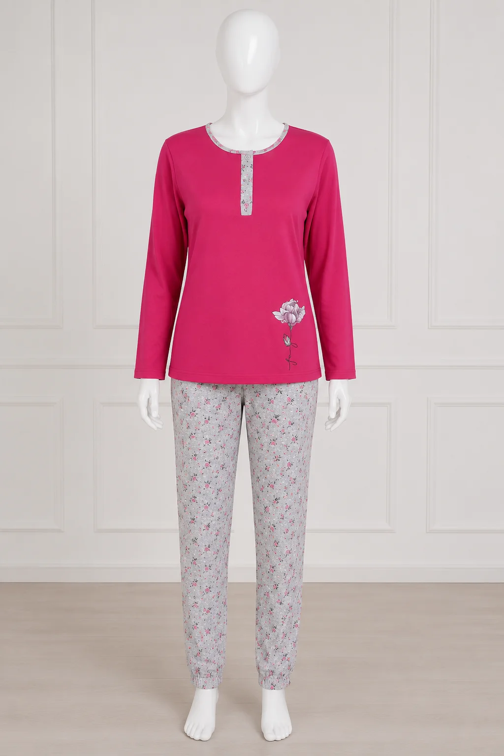 Pijama damă Roz big size din bumbac mânecă lungă și pantaloni lungi — imagine 1