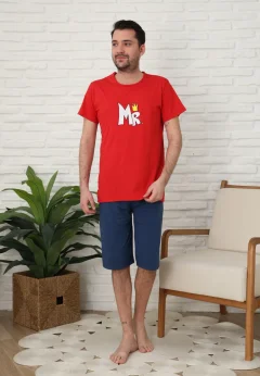 Pijama familie-bărbați, bumbac, mânecă scurtă și pantaloni 3/4 , ROSU