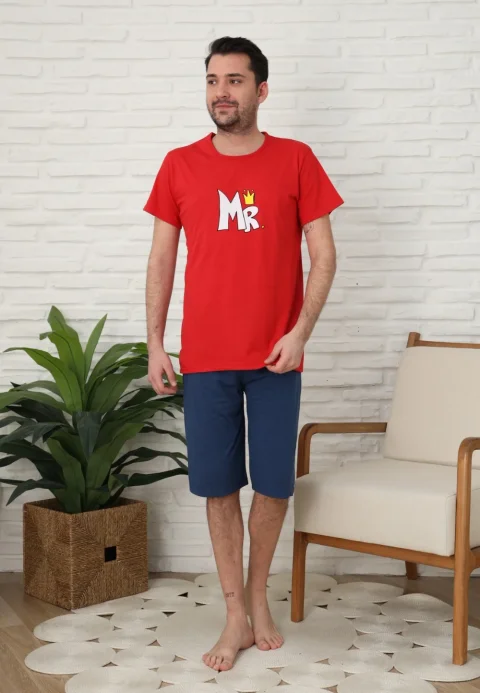 Pijama familie-bărbați, bumbac, mânecă scurtă și pantaloni 3/4 , ROSU