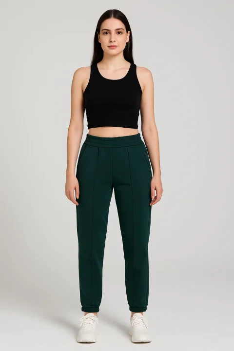 Pantaloni de trening damă verde închis cu dunga cusută pe față
