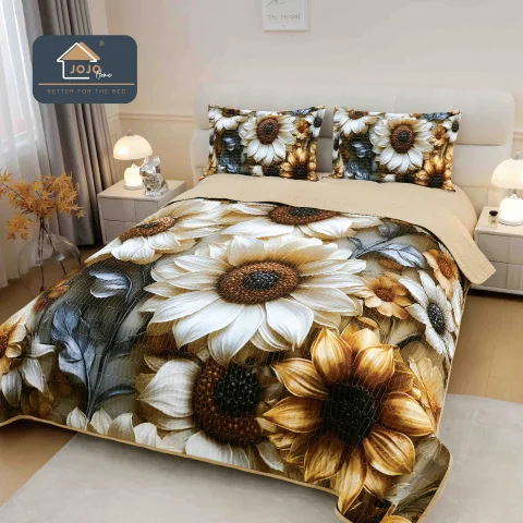 Set cuvertura de pat, bumbac finet cu imprimeu 5D, BEIGE, FLORI JO-58