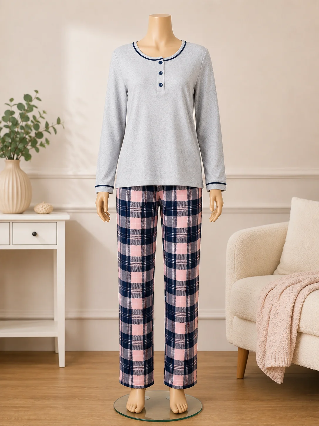 Pijama damă  din bumbac mânecă scurtă și pantaloni lungi gri cu roz