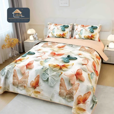 Set cuvertura de pat, bumbac finet cu imprimeu 5D, BEIGE, JO-30