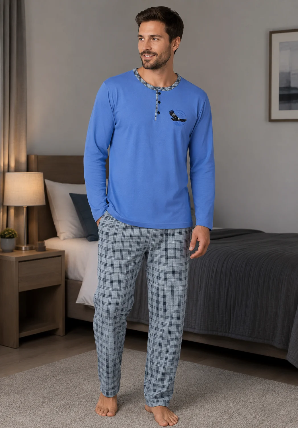 Pijama pentru bărbați , mânecă lungă și pantaloni lungi, albastru