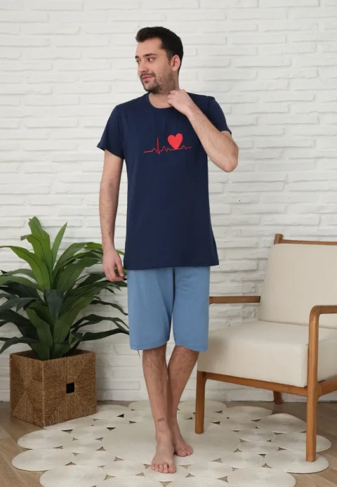 Pijama familie-bărbați, bumbac, mânecă scurtă și pantaloni 3/4 , culoare bleumarin, imprimeu puls — imagine 1