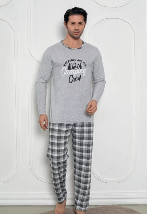 Pijama Bărbat, Mâneci Lungi și Pantaloni Lungi Asortați, Imprimeu ,,Camping'', gri deschis