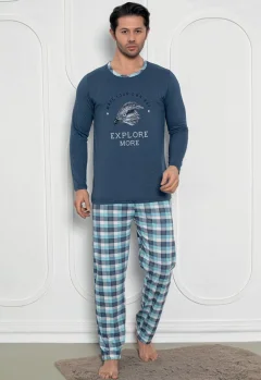 Pijama Bărbat , Mâneci Lungi și Pantaloni Lungi Asortați, Imprimeu ,,Explore More'', Bleumarin