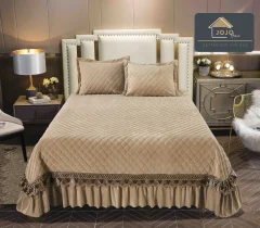 Cuvertura catifea matlasata, cu broderie, 3 piese BEIGE, CC-12442