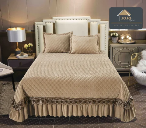 Cuvertura catifea matlasata, cu broderie, 3 piese BEIGE, CC-12442