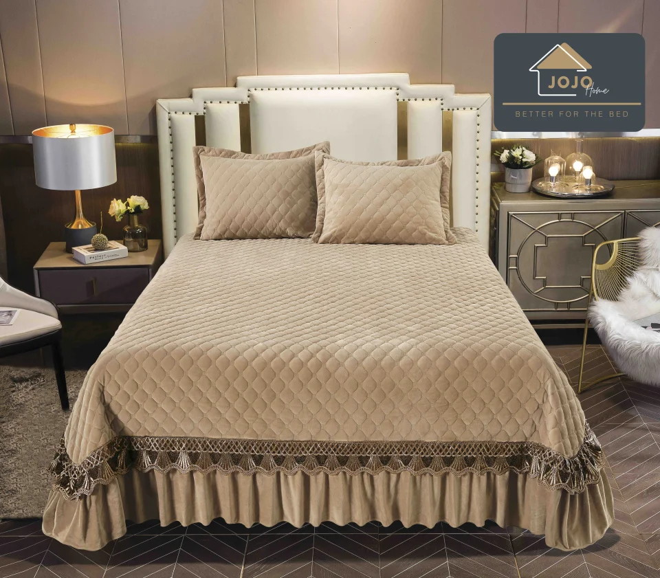 Cuvertura catifea matlasata, cu broderie, 3 piese BEIGE, CC-12442