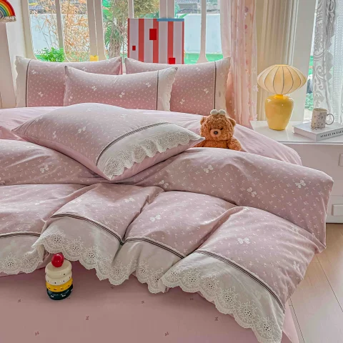 Lenjerie de pat  cu elastic si broderie, bumbac 100%, ROZ, LILA, RL-21 — imagine 3
