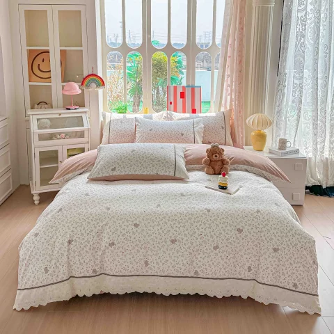 Lenjerie de pat  cu elastic si broderie, bumbac 100%, ALB, CREM-AC-13 — imagine 1
