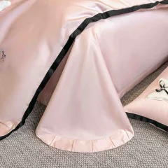 Lenjerie de pat, 4 pcs,  satin premium cu broderie, de lux ROZ PUDRA