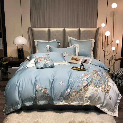 Lenjerie de pat 4pcs, satin premium cu broderie, de lux BLUE cu GRI — imagine 1