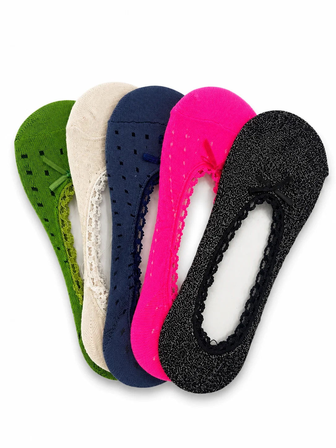 Șosete set 3 buc, tălpici damă cu dantelă și fundite MULTICOLOR