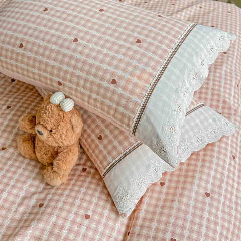 Lenjerie de pat  cu elastic si broderie, bumbac 100%, ROZ, PATRATELE-RP-17 — imagine 3