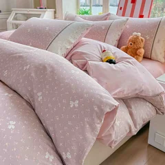 Lenjerie de pat  cu elastic si broderie, bumbac 100%, ROZ, LILA, RL-21