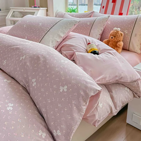 Lenjerie de pat  cu elastic si broderie, bumbac 100%, ROZ, LILA, RL-21 — imagine 2