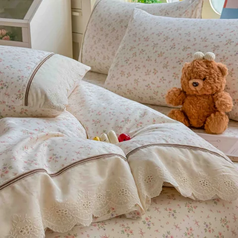 Lenjerie de pat  cu elastic si broderie, bumbac 100%, ALB, FLORICELE-AF-15 — imagine 3