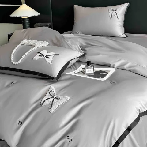 Lenjerie de pat 4pcs, satin premium cu broderie, de lux GRI — imagine 2