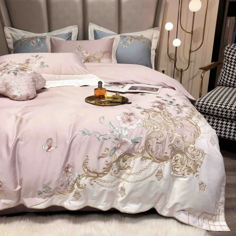 Lenjerie de pat 4pcs, satin premium cu broderie, de lux ROZ cu GRI — imagine 2