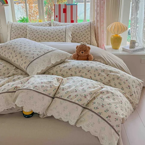 Lenjerie de pat  cu elastic si broderie, bumbac 100%, ALB, CREM, AC-22 — imagine 2