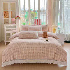 Lenjerie de pat  cu elastic si broderie, bumbac 100%, ROZ, PATRATELE-RP-17