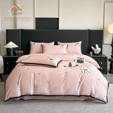 Lenjerie de pat, 4 pcs,  satin premium cu broderie, de lux ROZ PUDRA — imagine 1