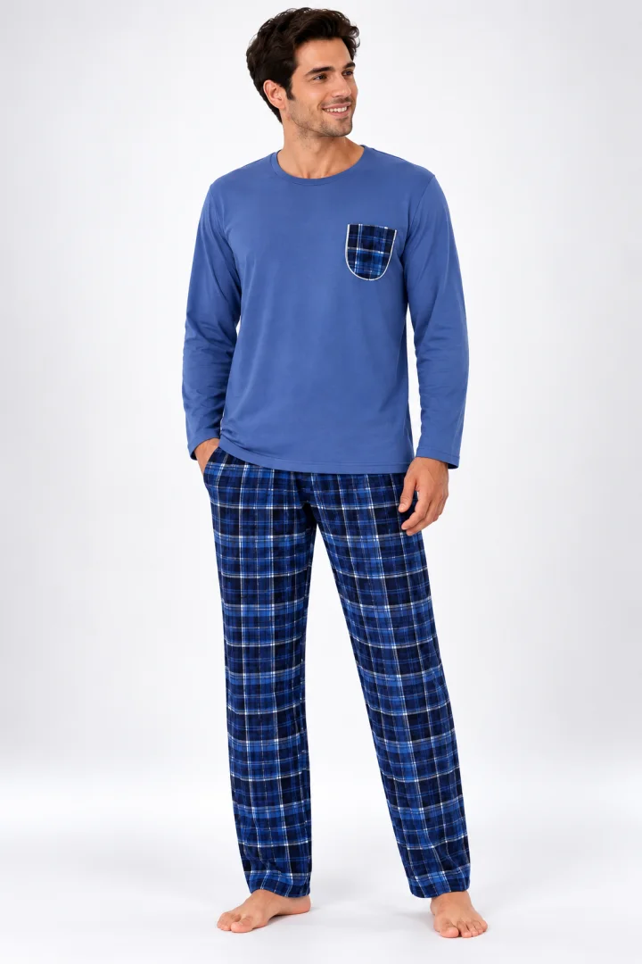 Pijama barbat albastru si albastru cu carouri