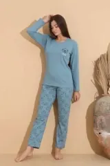 Pijama damă albastru deschis, bluză „Cute” cu ursuleț  cu imprimeu ursuleți