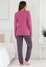 Pijama de dama roz inchis cu maneca lunga si pantaloni lungi gri
