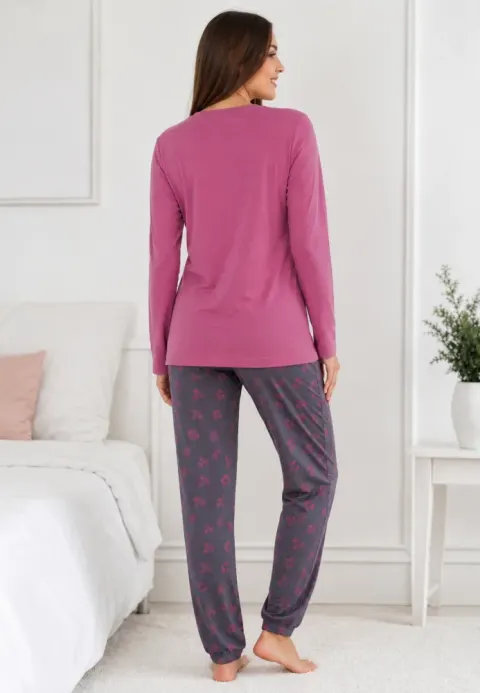 Pijama de dama roz inchis cu maneca lunga si pantaloni lungi gri