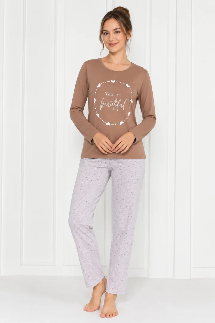 Pijama damă imprimeu ,,You Are Beautiful'', culoare maro