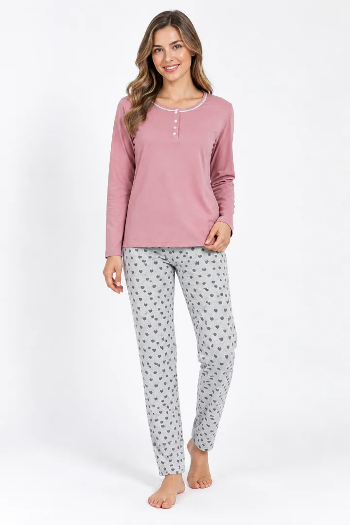 Pijama damă mânecă lungă și pantaloni lungi roz pudra