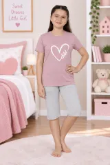 Pijama fetițe din bumbac – tricou și pantaloni 3/4, roz pudrat