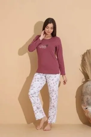 Pijama damă grena „PARIS” cu pantaloni lungi floral