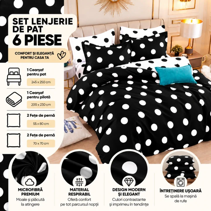 Set Lenjerie de Pat Dublu din Microfibră Premium, 6 Piese, Cearșaf 245x250 cm