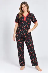 Pijamale damă Big Size, mânecă scurtă, pantaloni lungi, culoare negru, imprimeu floral