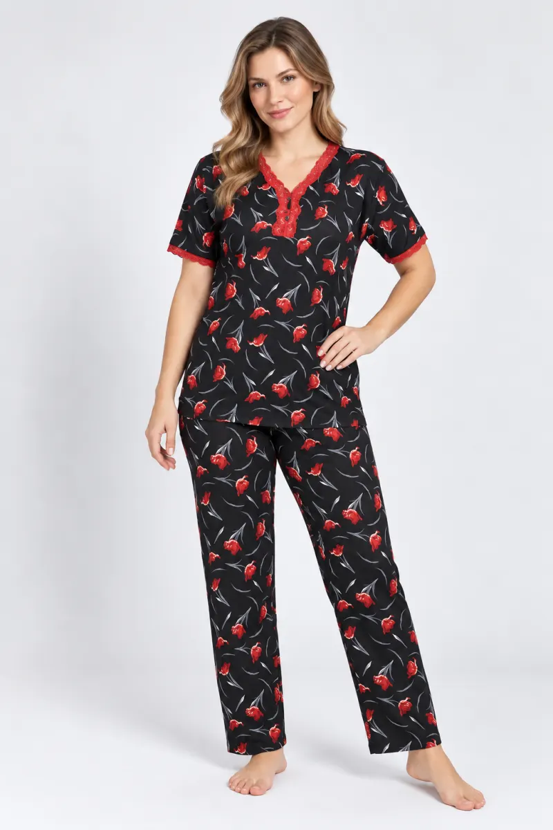 Pijamale damă Big Size, mânecă scurtă, pantaloni lungi, culoare negru, imprimeu floral