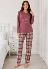 Pijama de dama visiniu cu maneca lunga si pantaloni lungi roz cu carouri