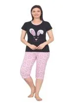 Pijama dama din bumbac, imprimeu capsuni, iepure , negru