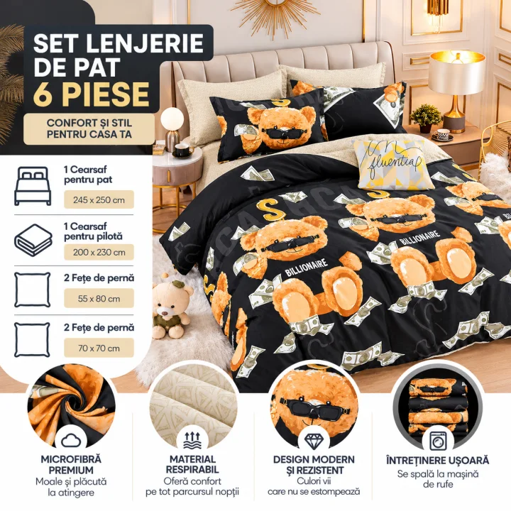 Set Lenjerie de Pat Dublu din Microfibră Premium, 6 Piese, Cearșaf 245x250 cm