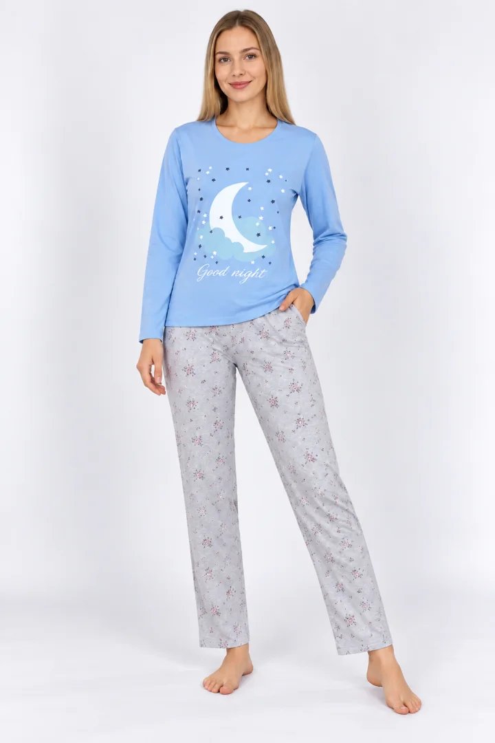 Pijama damă din bumbac mânecă lungă și pantaloni lungi blue